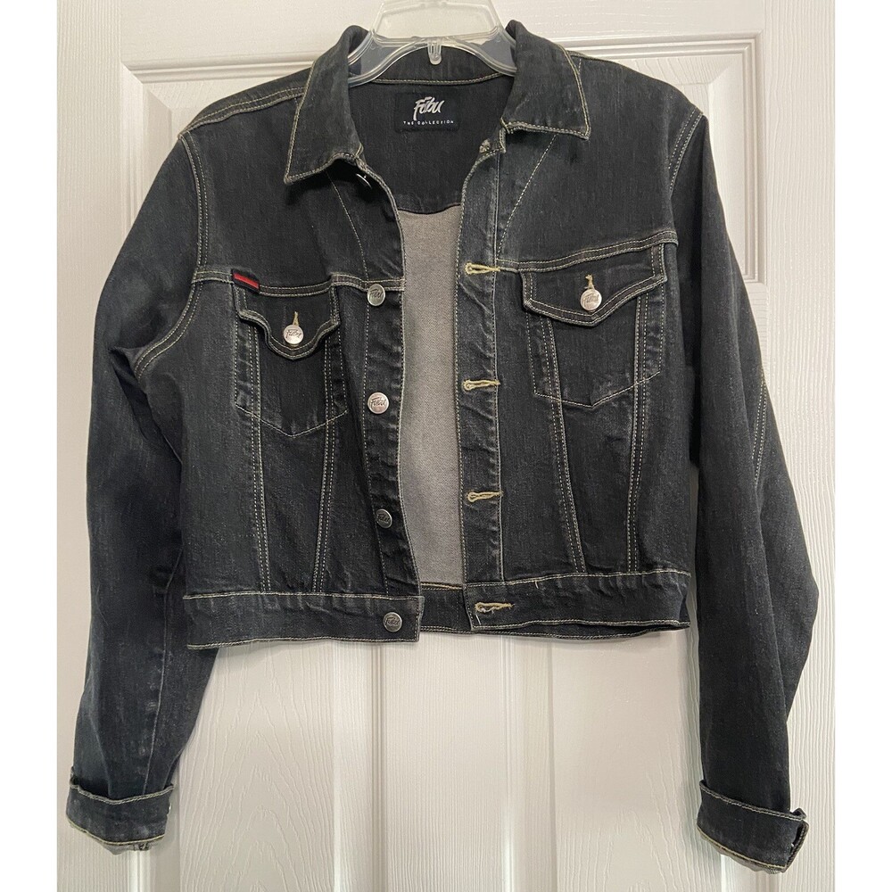 Vintage FUBU Jean Jacket Women’s L Black Cropped Denim Y2K 90s Hip Hop 2000s